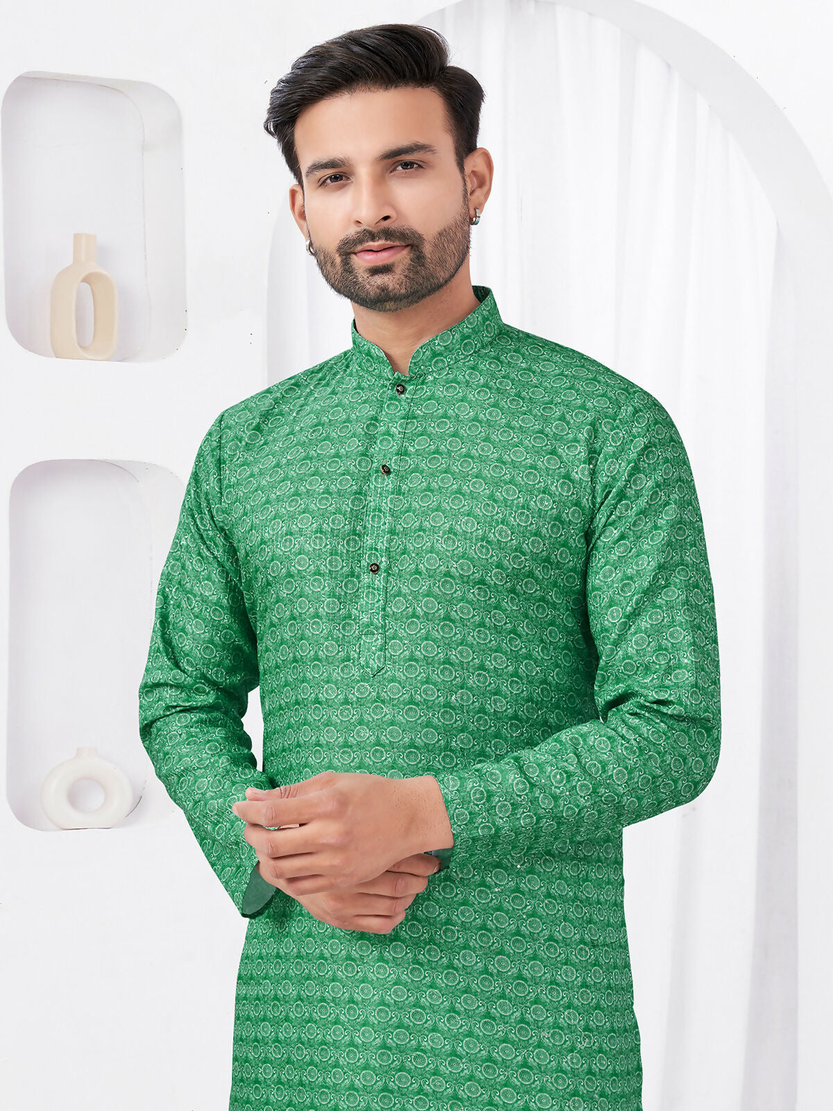 Boys Green Rayon Cotton Printed Kurta Pyjama Ethnic Set