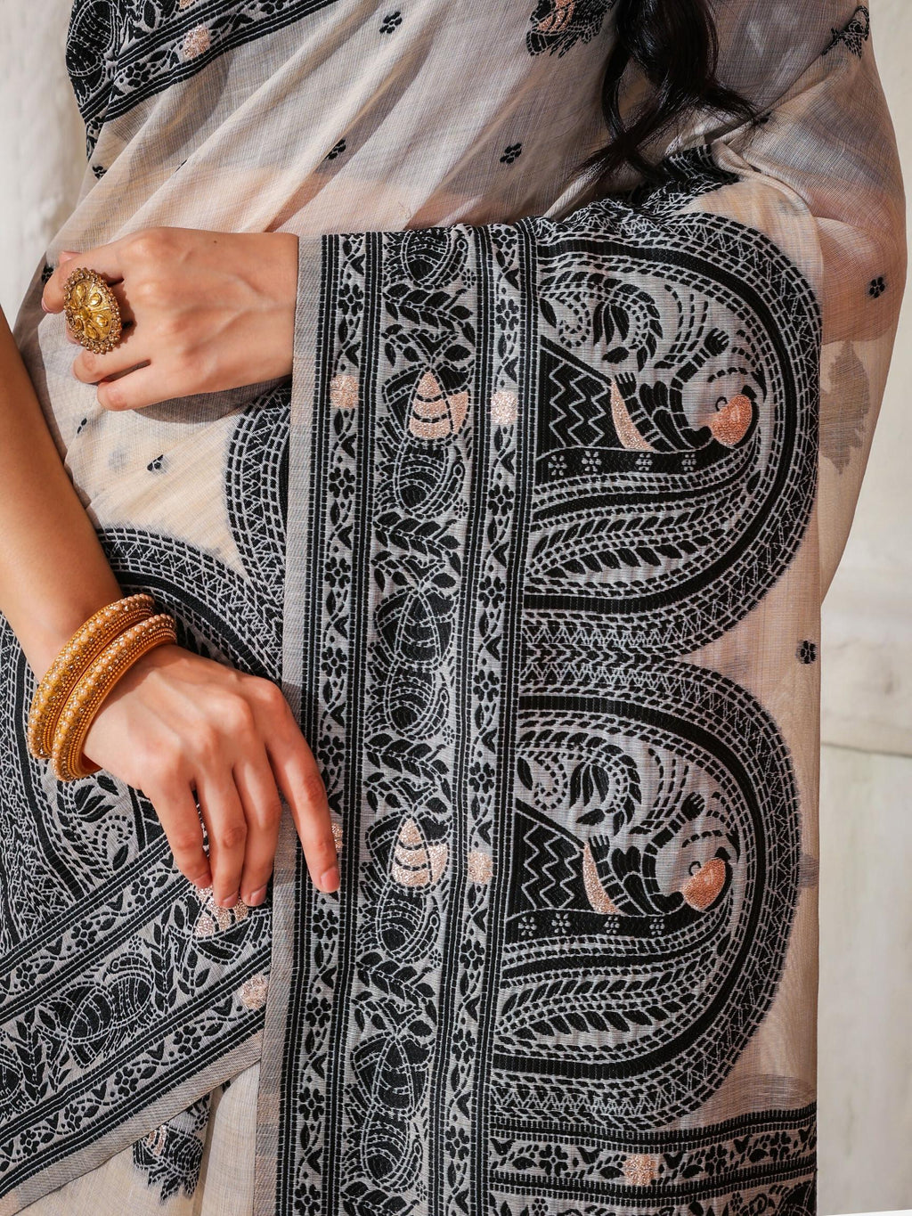 Black and Cream Linen Cotton Saree with Matching Blouse