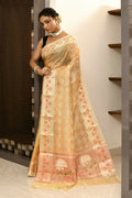 Light orange Kota tissue saree with intricate embroidery and appliqué work on the anchal