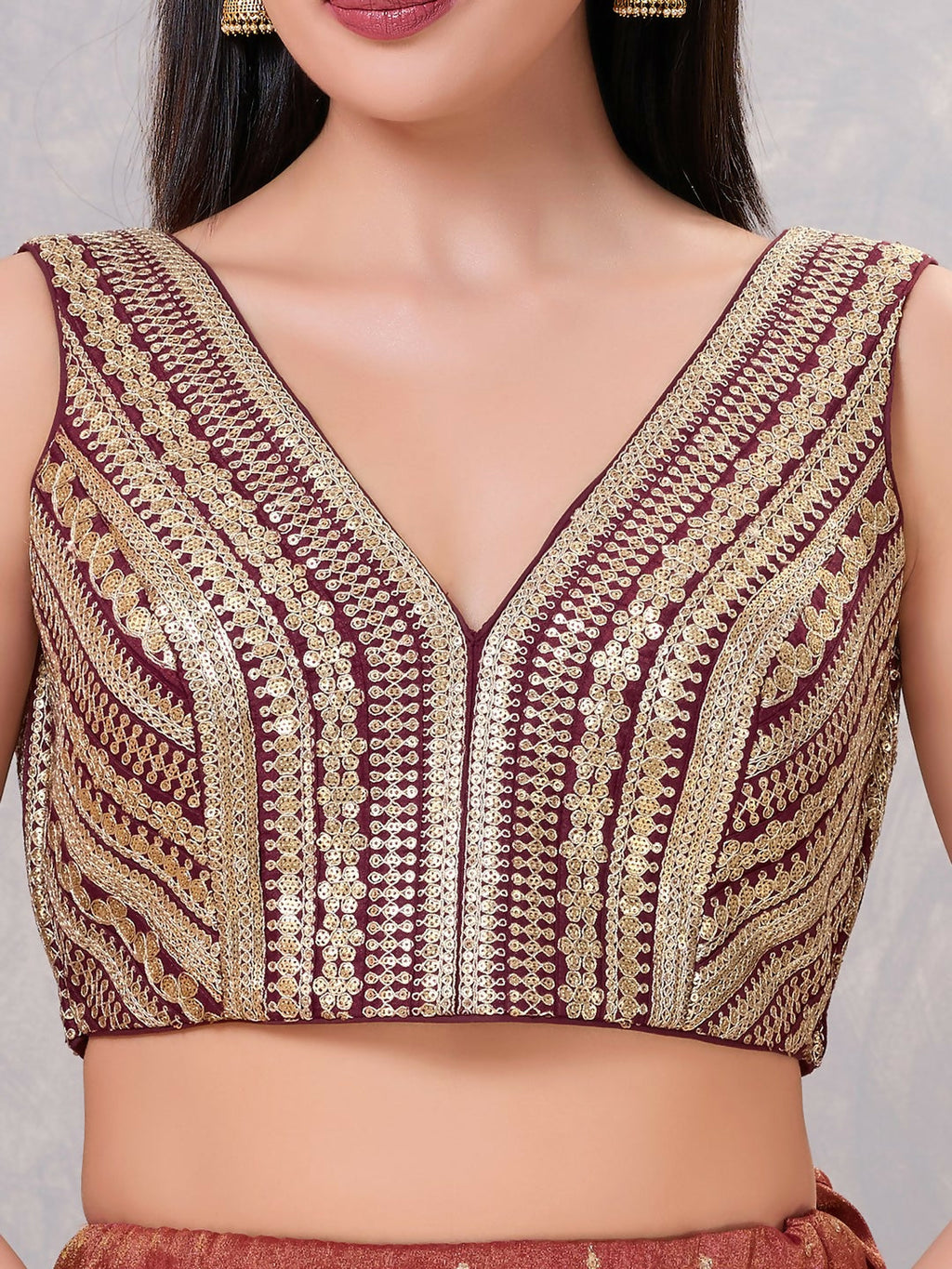 Women's Wine Sequin V-Neck Stitched Blouse for Sarees