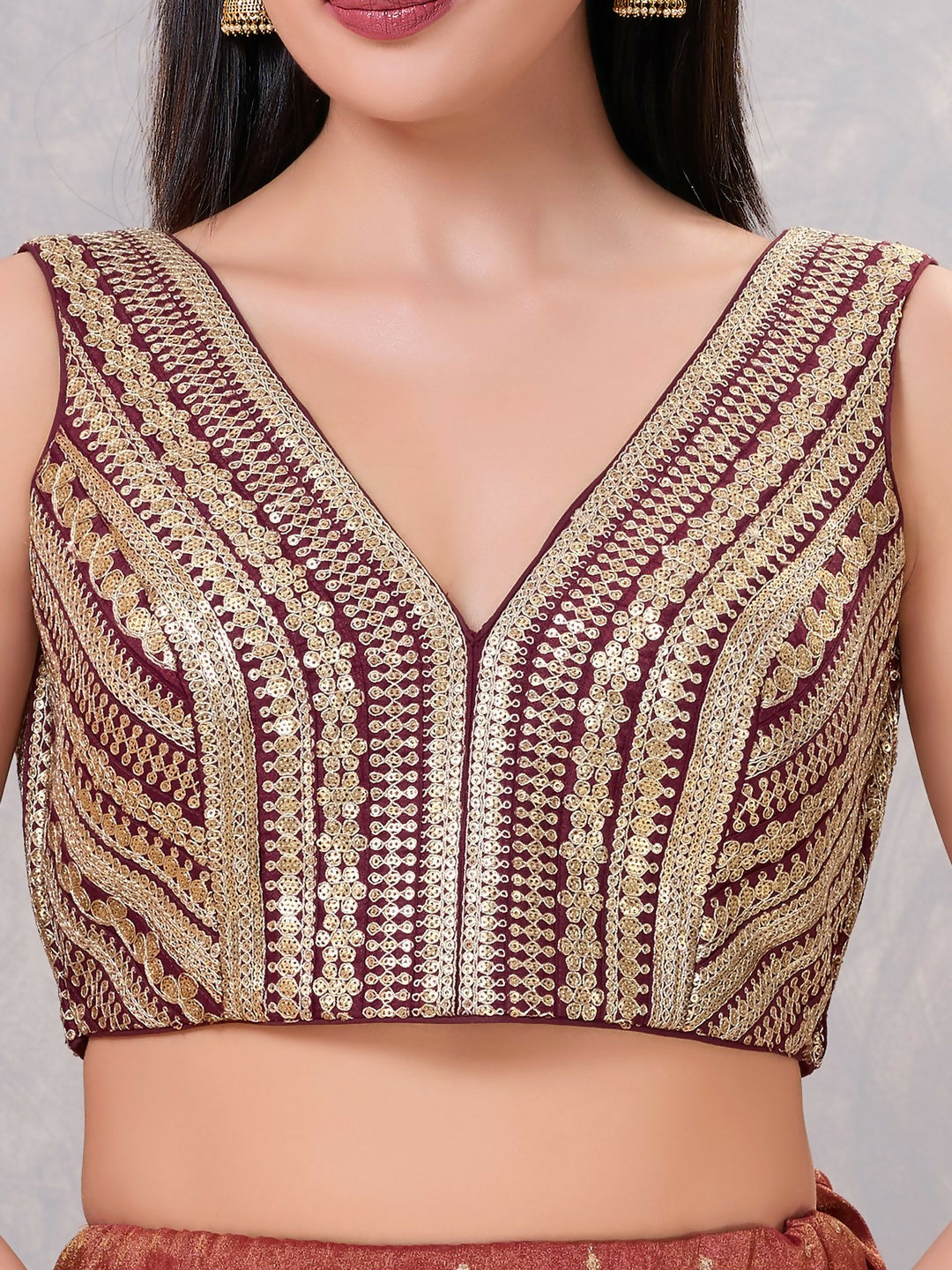 Women's Wine Sequin V-Neck Stitched Blouse for Sarees