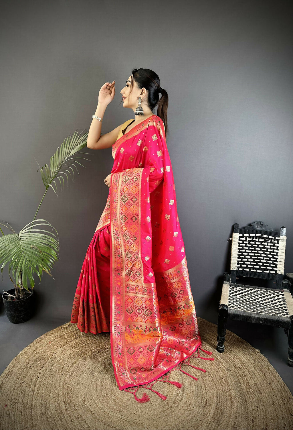 Coral Pink Geometric Pattern Soft Silk Patola Saree with Blouse