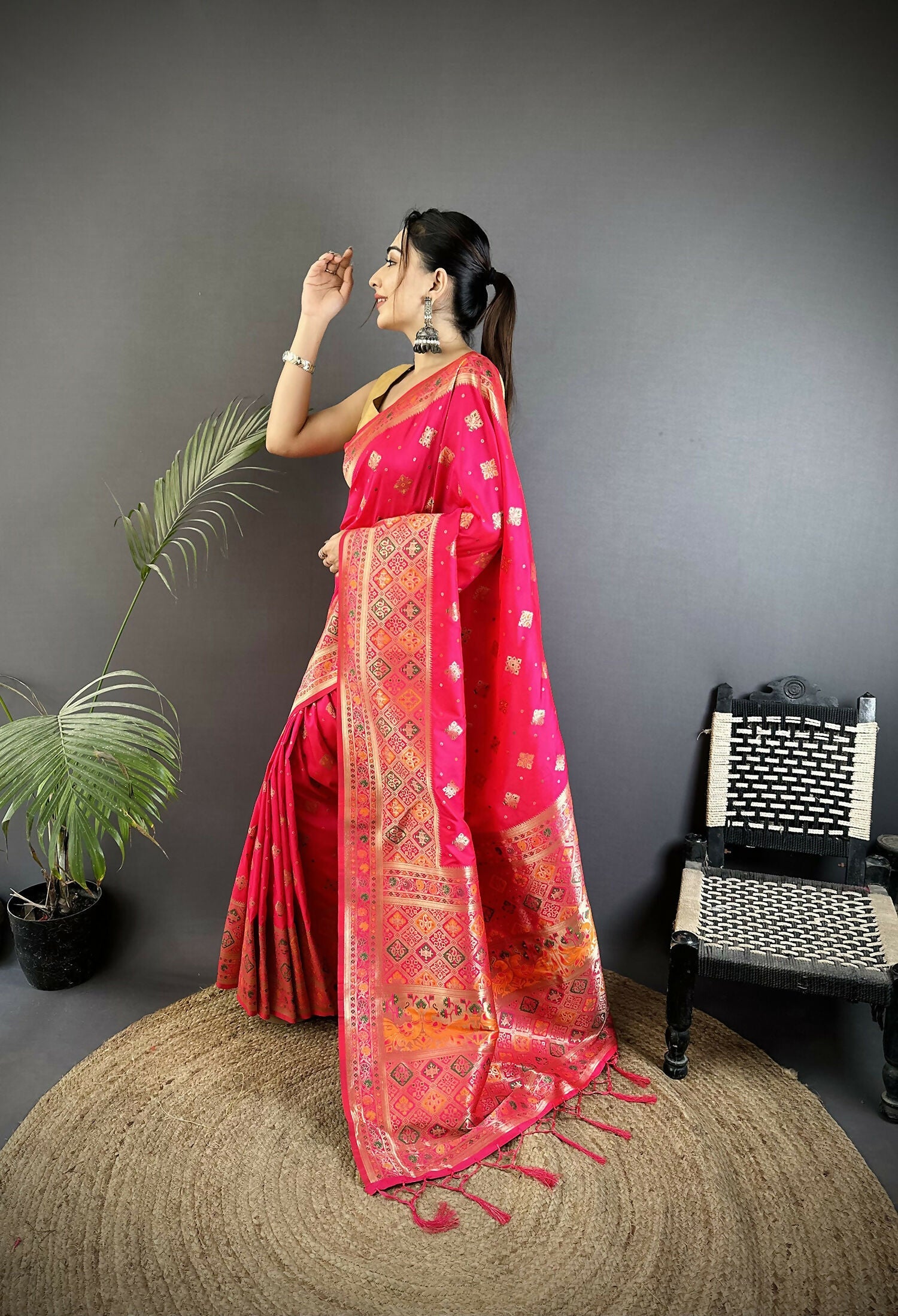 Coral Pink Geometric Pattern Soft Silk Patola Saree with Blouse