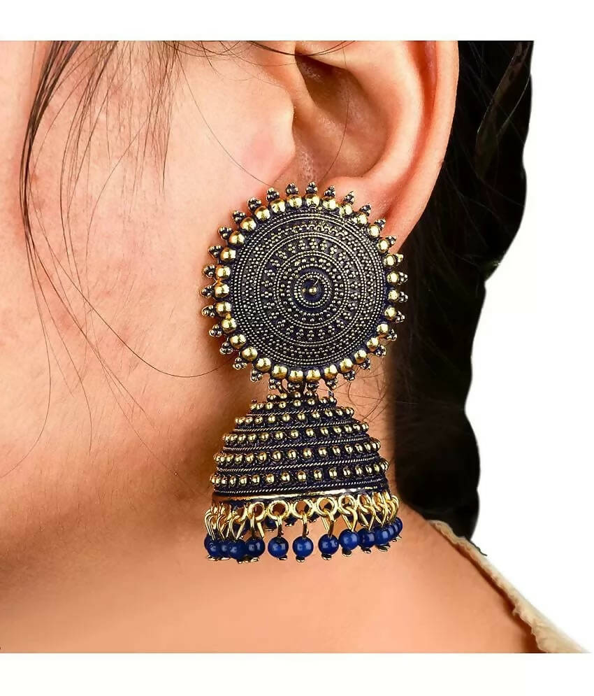 Gold-Polished Meenakari Jhumka Earrings for Girls (Blue)