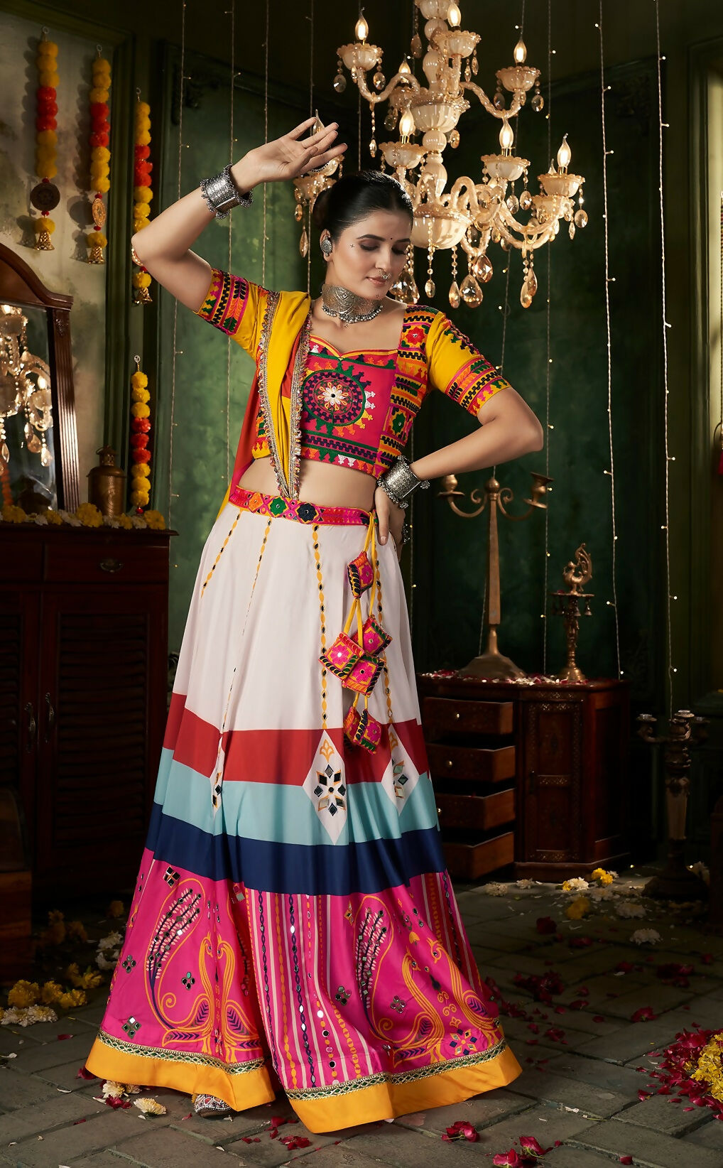 White Maslin Cotton Navratri Lehenga Choli with Yellow Blouse