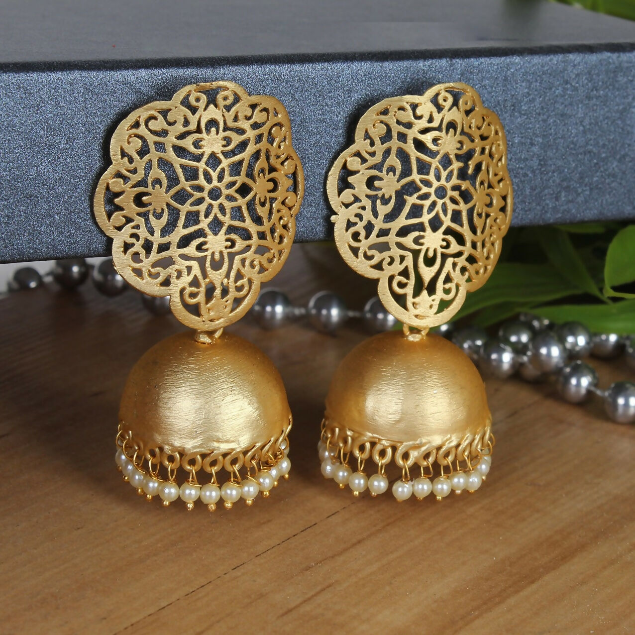 Matte Gold Brass Jhumka Earrings with Intricate Handcrafted Detail