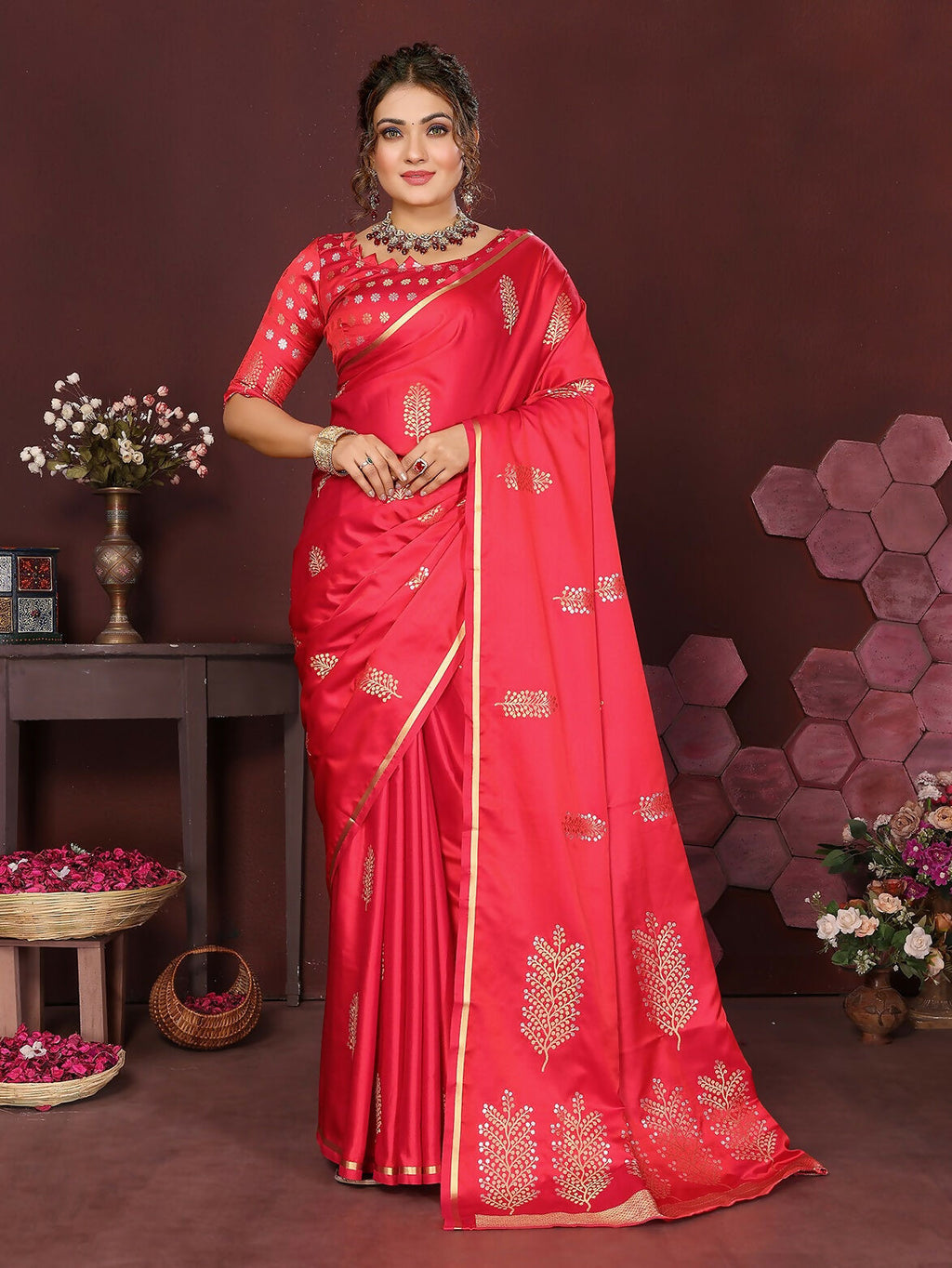 Redise Pink Satin Silk Banarasi Saree featuring delicate floral patterns