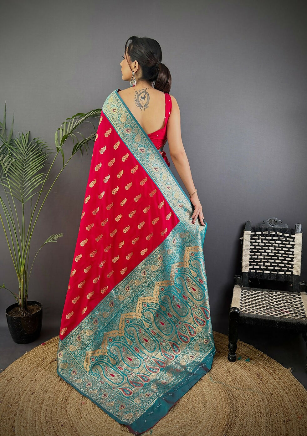 Red Banarasi Soft Silk Saree with Woven Butti Design
