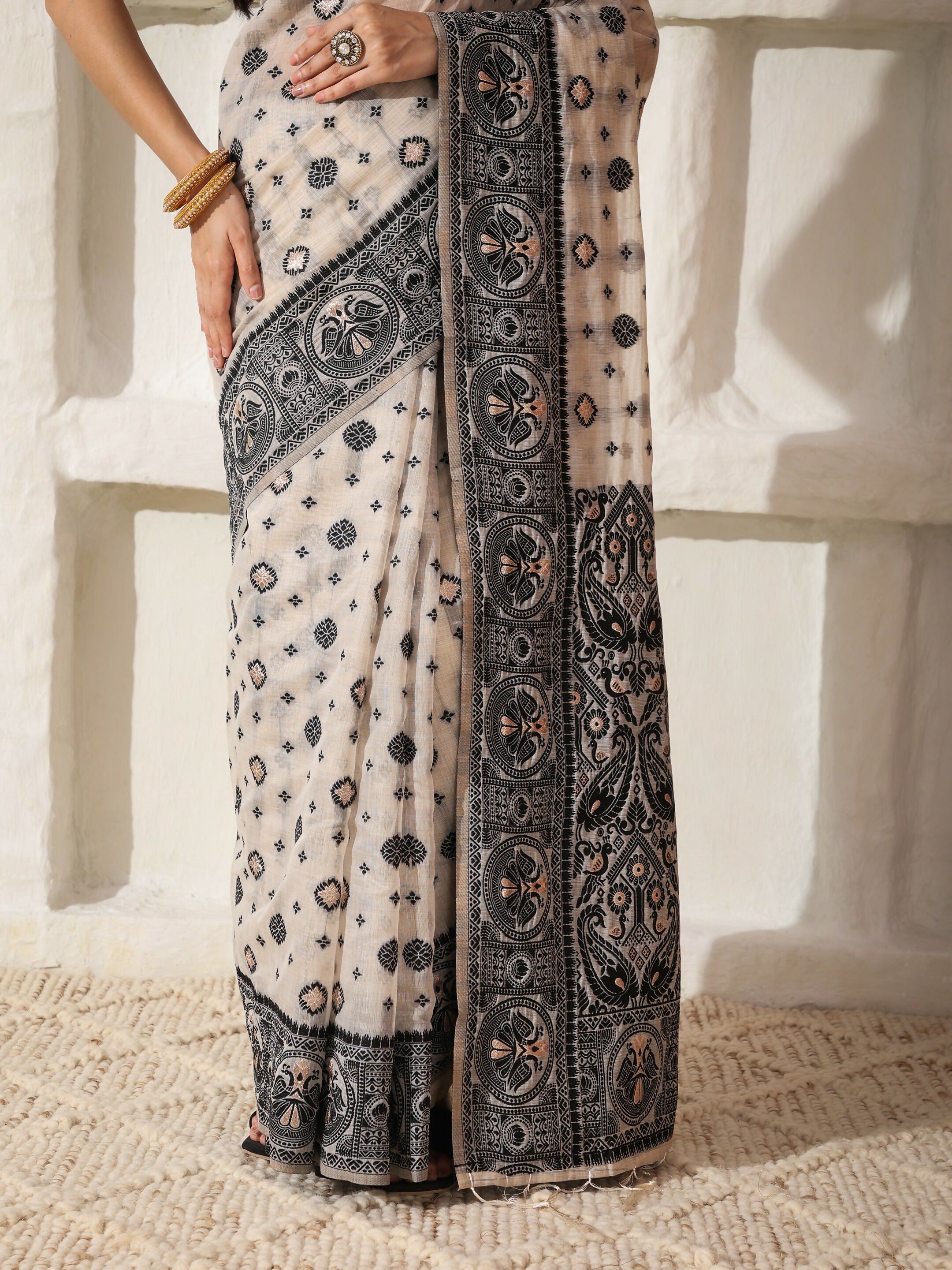 Shree Shyam Fashion Linen Cotton Black & Cream Saree