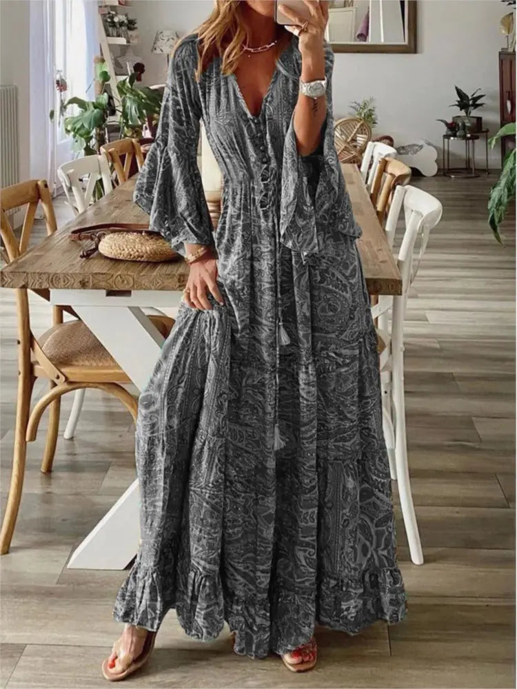Women's Bohemian Floral Maxi Dress - V-Neck
