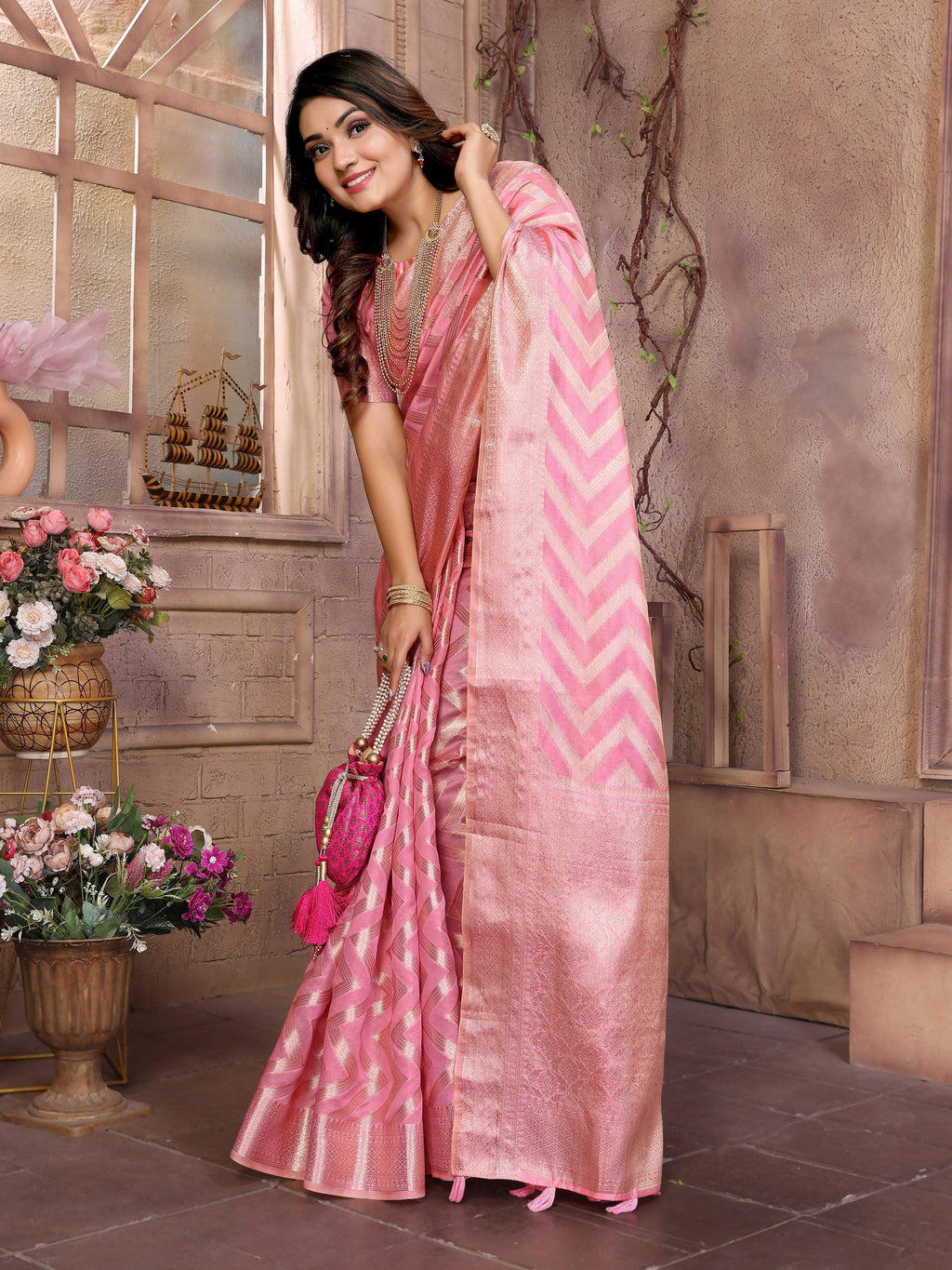 Pink Soft Organza Silk Saree with Delicate Weaving