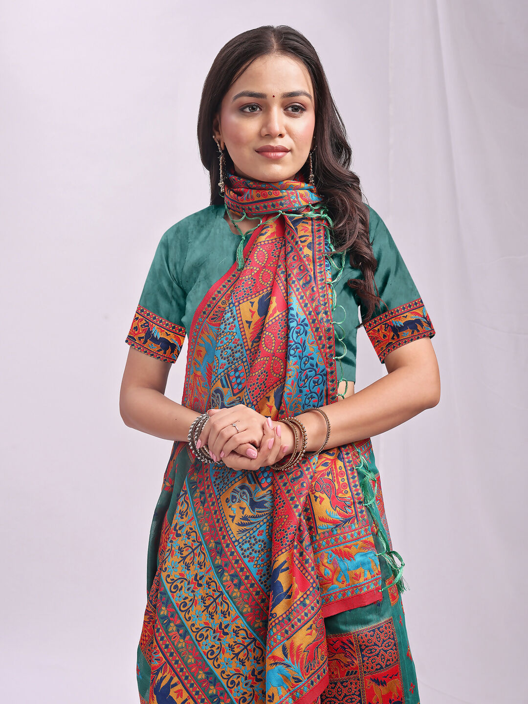 Rama Green Linen Cotton Saree with Matching Blouse Piece