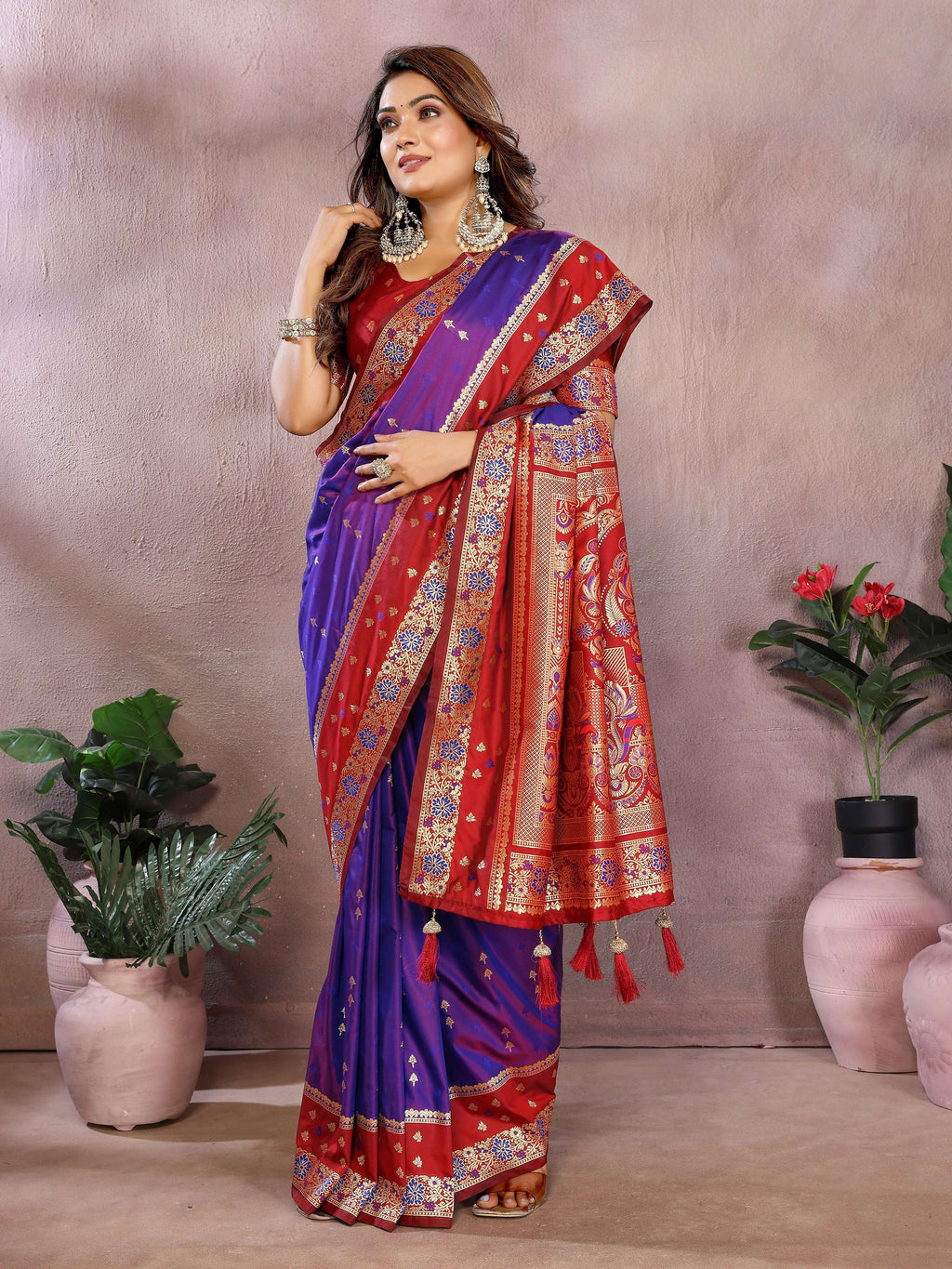 Purple Kalamkari Silk Zari Woven Saree