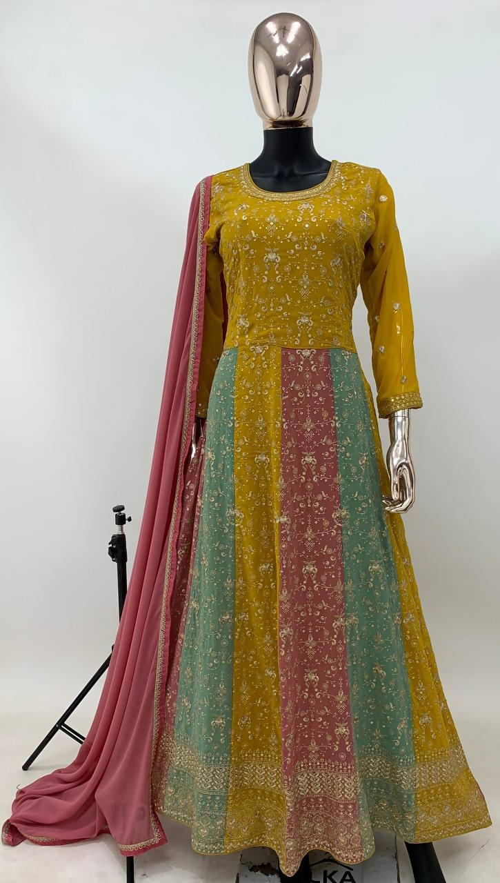 Yellow Faux Georgette Embroidered Sequined Stitched Gown