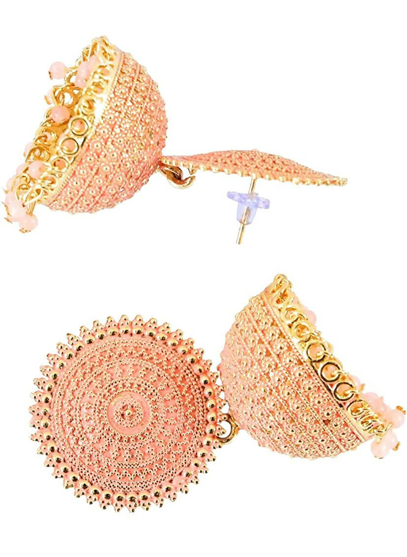 Gold-Plated Meenakari Jhumka Earrings with Pearls - Peach