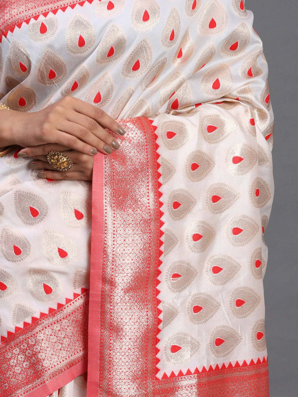 Banarasi Silk Saree in Red and White with Matching Blouse