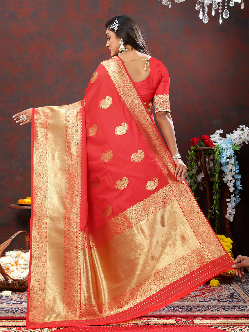 Red Soft Silk Saree with Gold Zari Woven Design