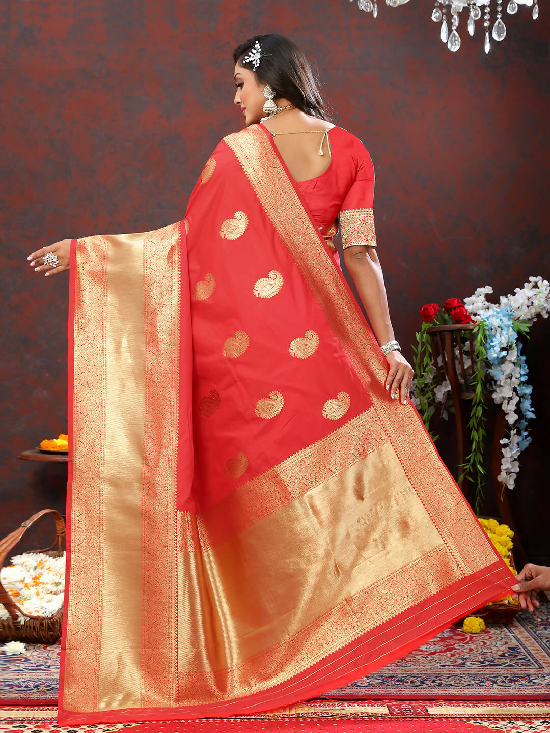 Red Soft Silk Saree with Gold Zari Woven Design