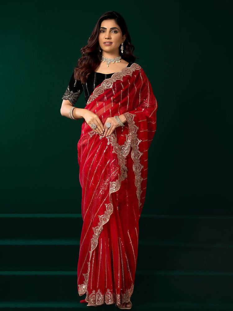 Red Net Party Wear Saree with Black Velvet Blouse
