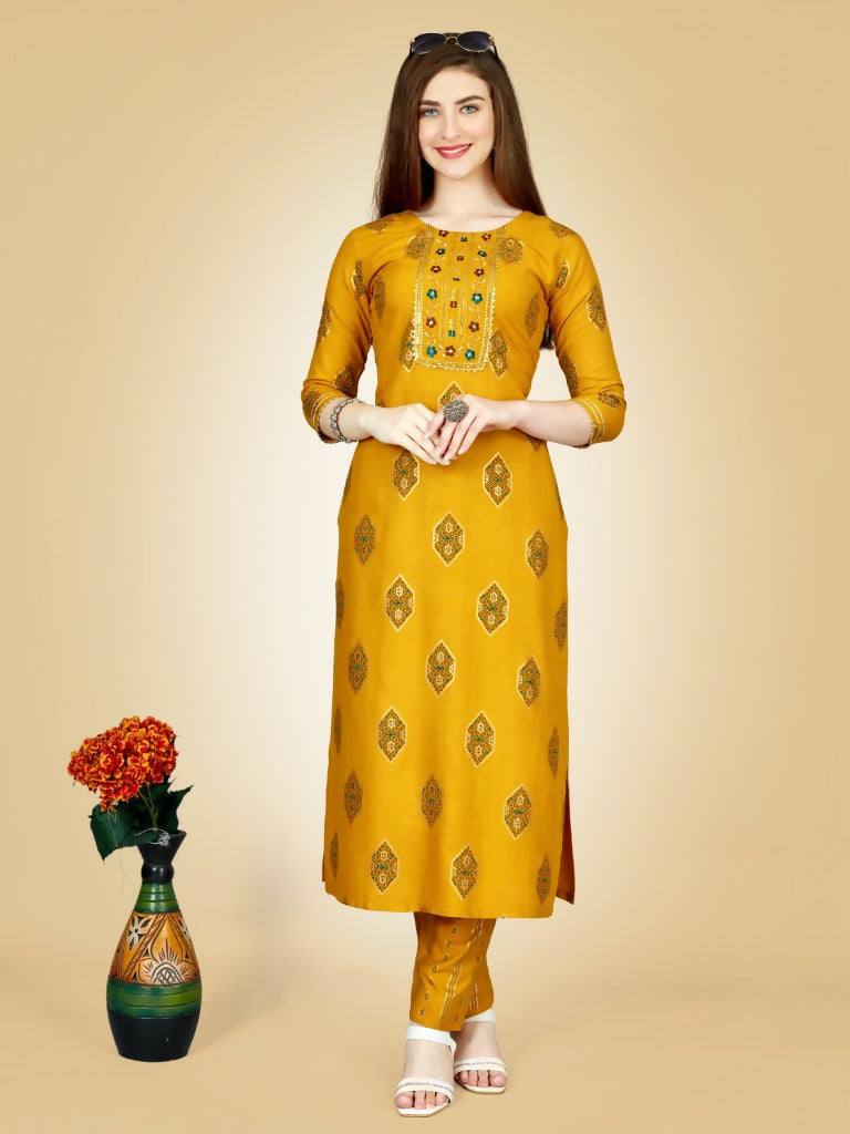 Yellow viscose rayon embroidered straight kurta with matching pant set