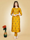 Yellow viscose rayon embroidered straight kurta with matching pant set