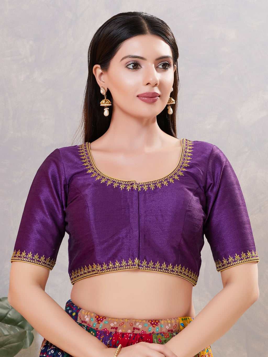 Dark-brinjal silk blouse with elegant embroidery