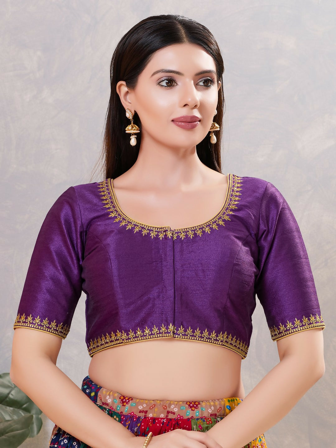 Dark-brinjal silk blouse with elegant embroidery