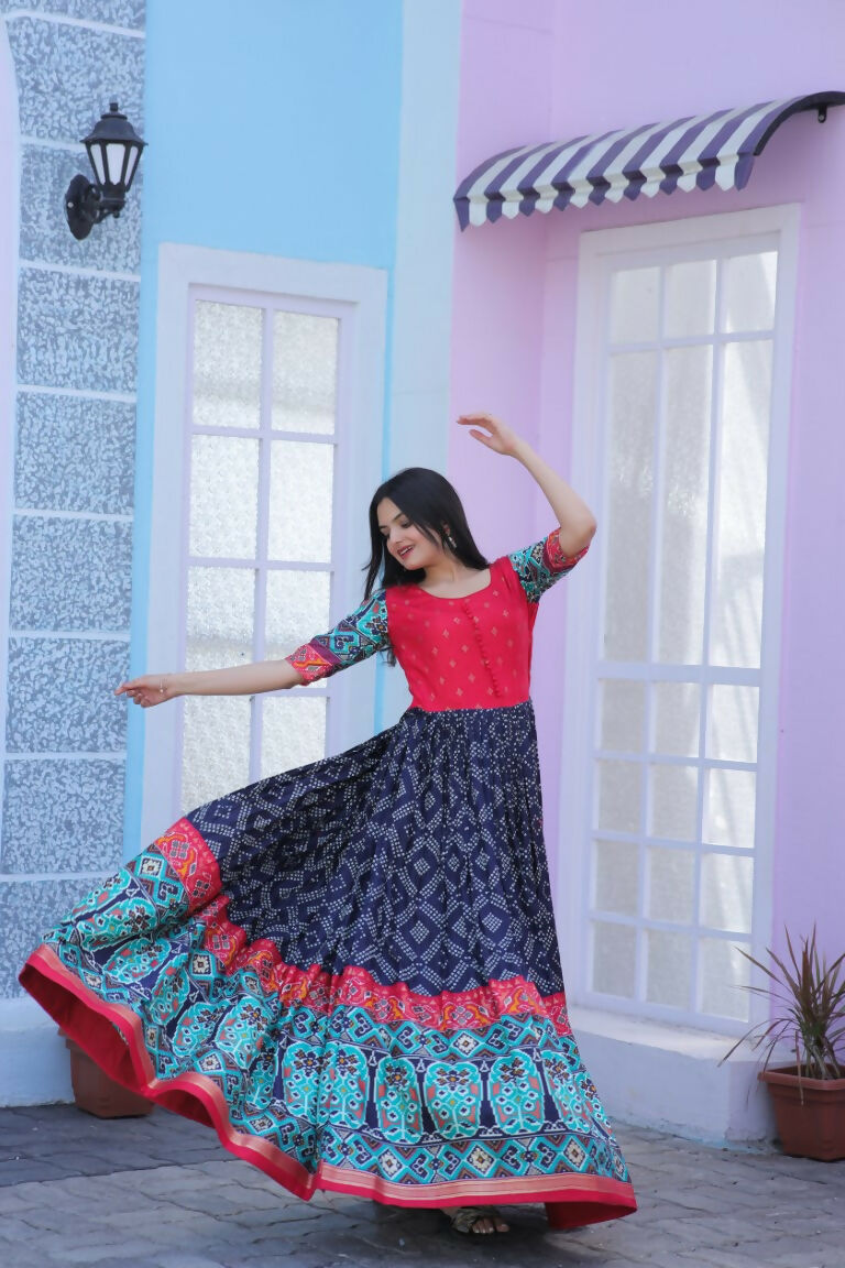 Navy Blue Dola Silk Anarkali Dress with Patola and Foil Print