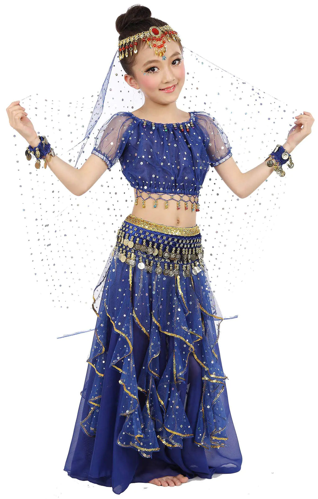 Girls Belly Dance Top Skirt Set Halloween Costume with Head VeilWaist Chain Dark Blue