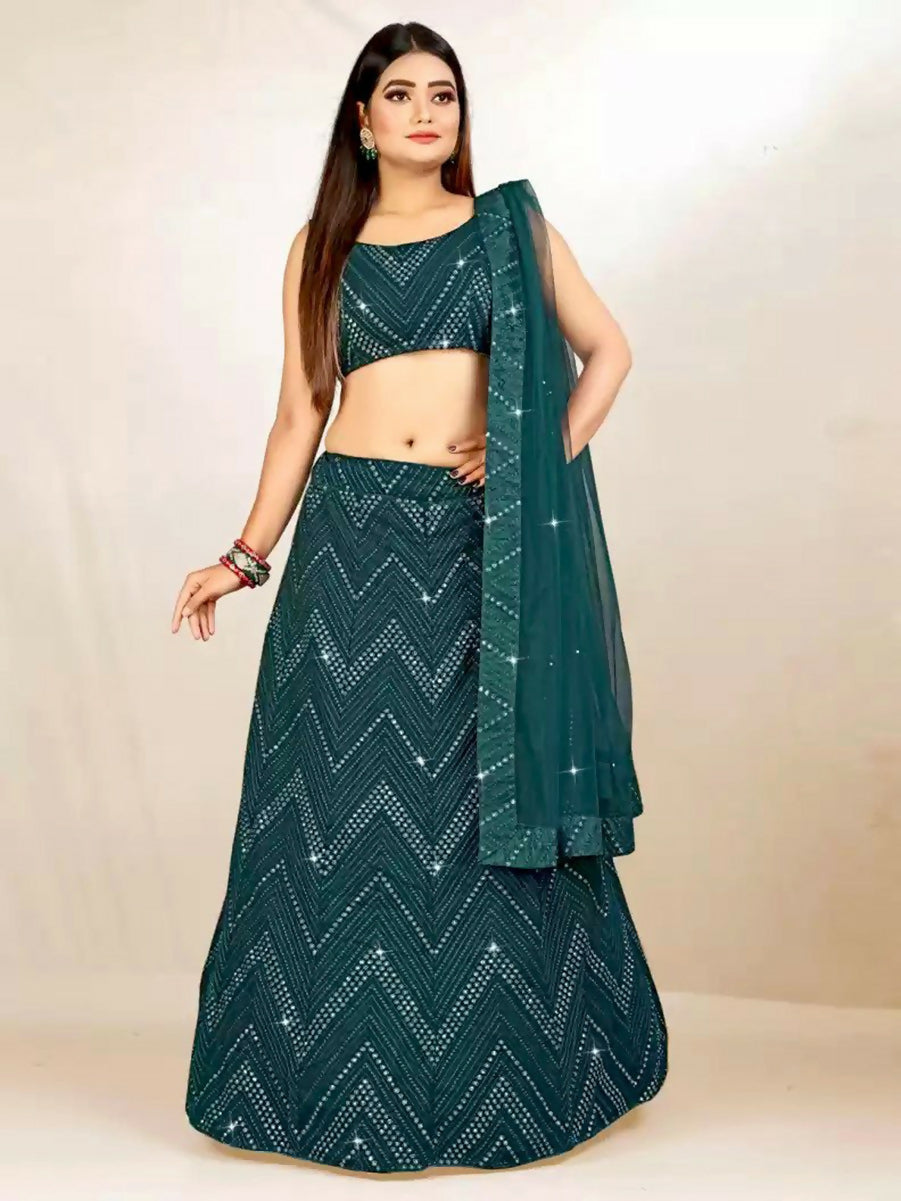 Bottle Green Georgette Lehenga Choli with sequins and thread embroidery