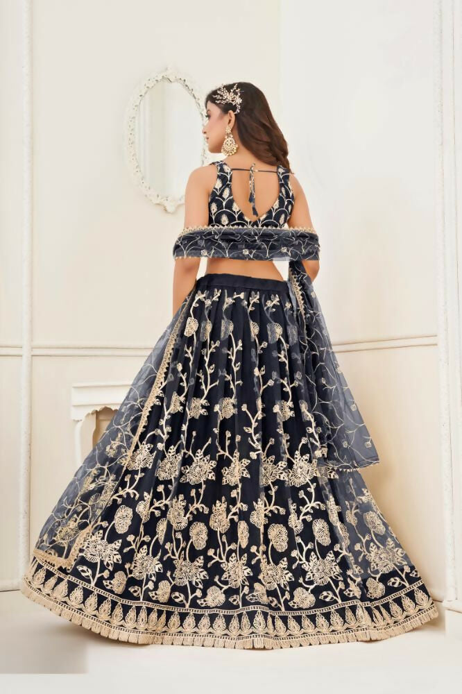Black Butterfly Net Lehenga Choli with Cotton Thread Embroidery