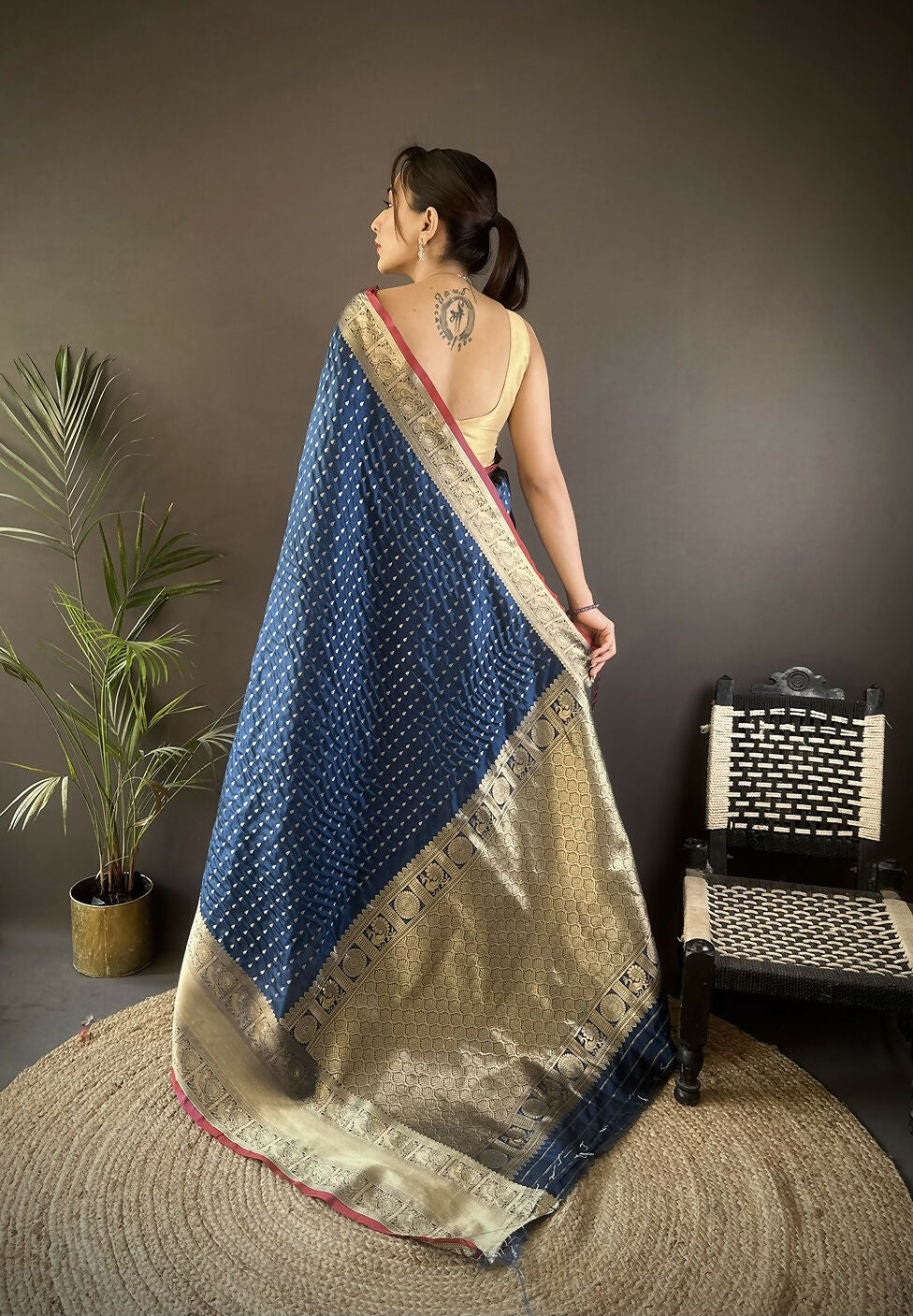 Navy Blue Banarasi Silk Saree with Small Butti Pattern