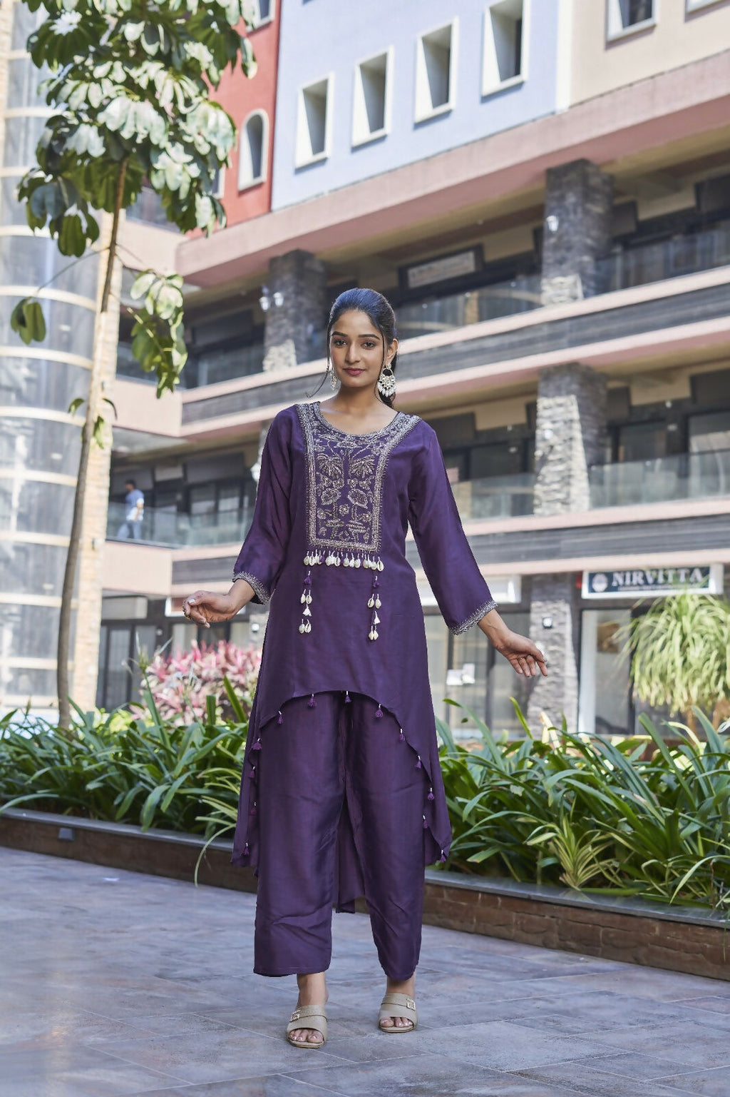 Purple Printed Dola Silk Handwork Kurta Set with Cotton Lining