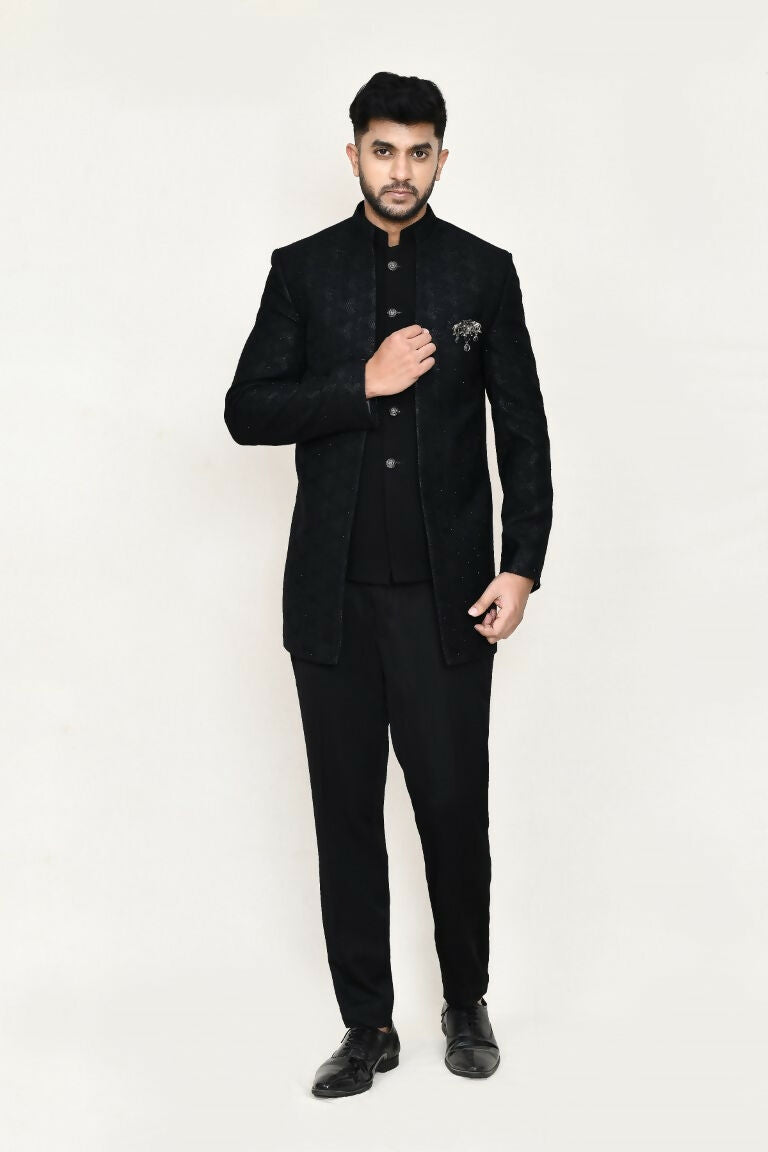 Black Imported Jacquard Prince Coat and Pant Set