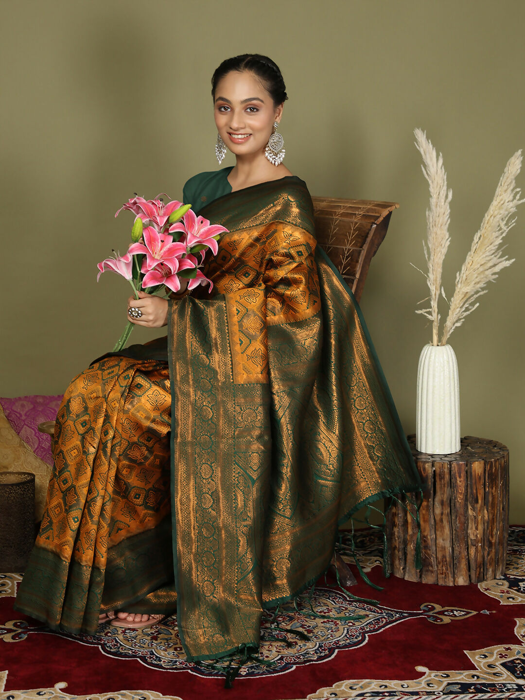 Yellow Lichi Silk Saree with Green Blouse