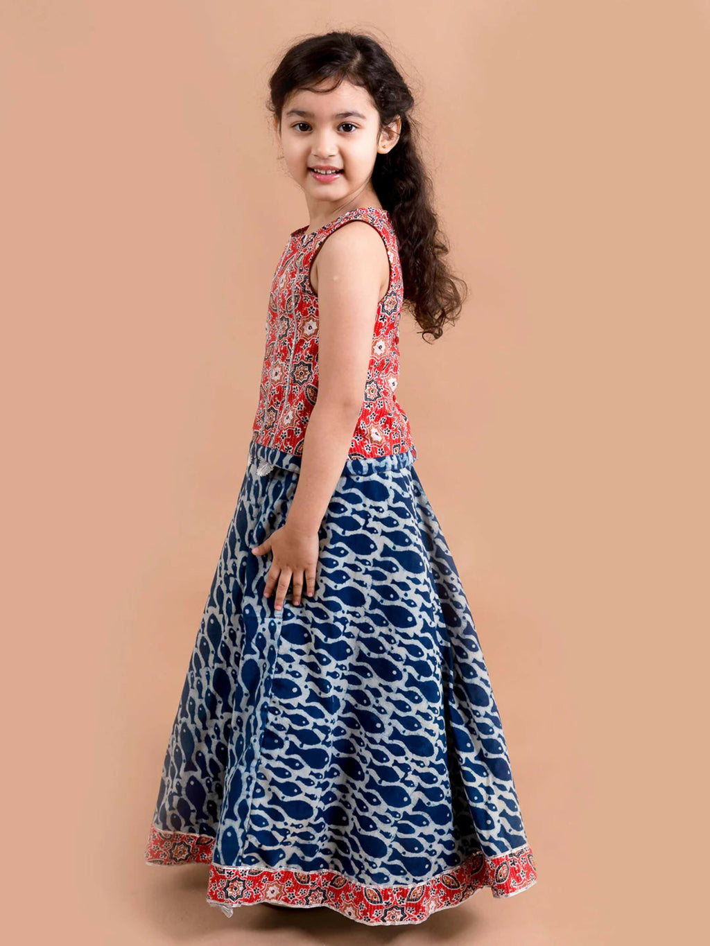 Girl's Multi Color Cotton Lehenga Choli with Blue Bottom