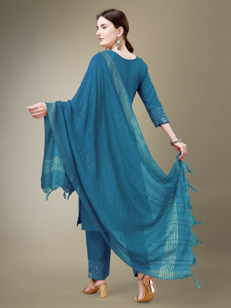 Morpich Cotton Blend Embroidered Kurta with Trouser and Dupatta