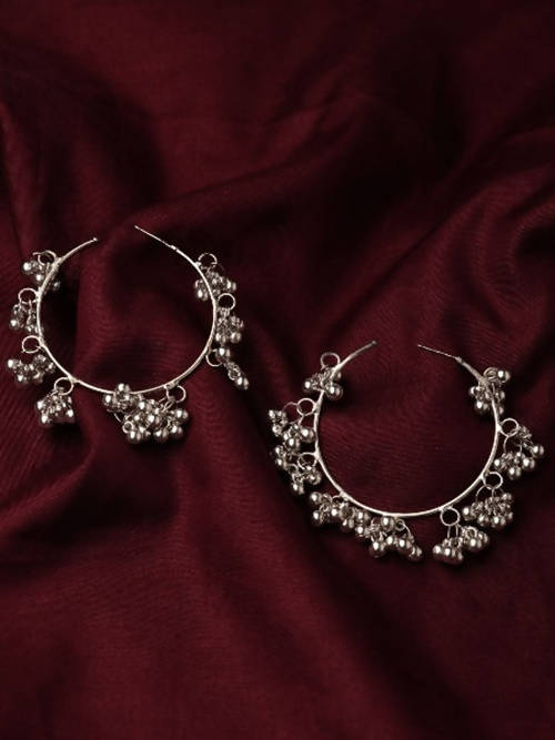 Mominos Fashion oxidised silver parrot hoops and ghungroo bali earrings set