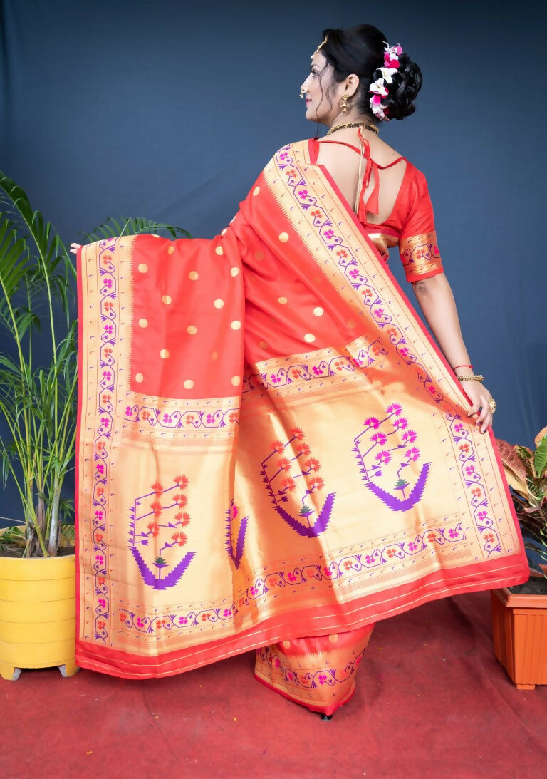 Red Paithani Silk Saree with Zari Woven Border and Blouse