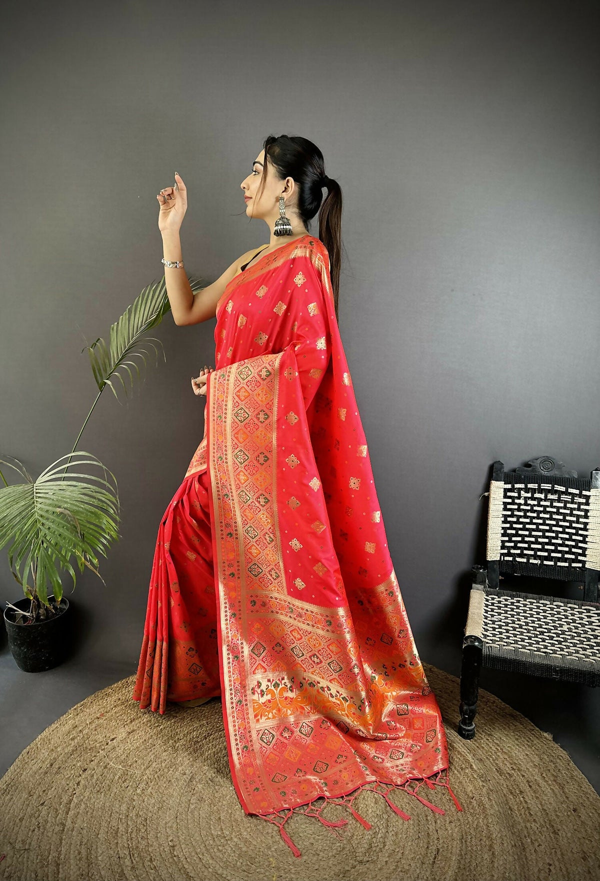 Rani Pink Geometric Pattern Soft Silk Patola Saree