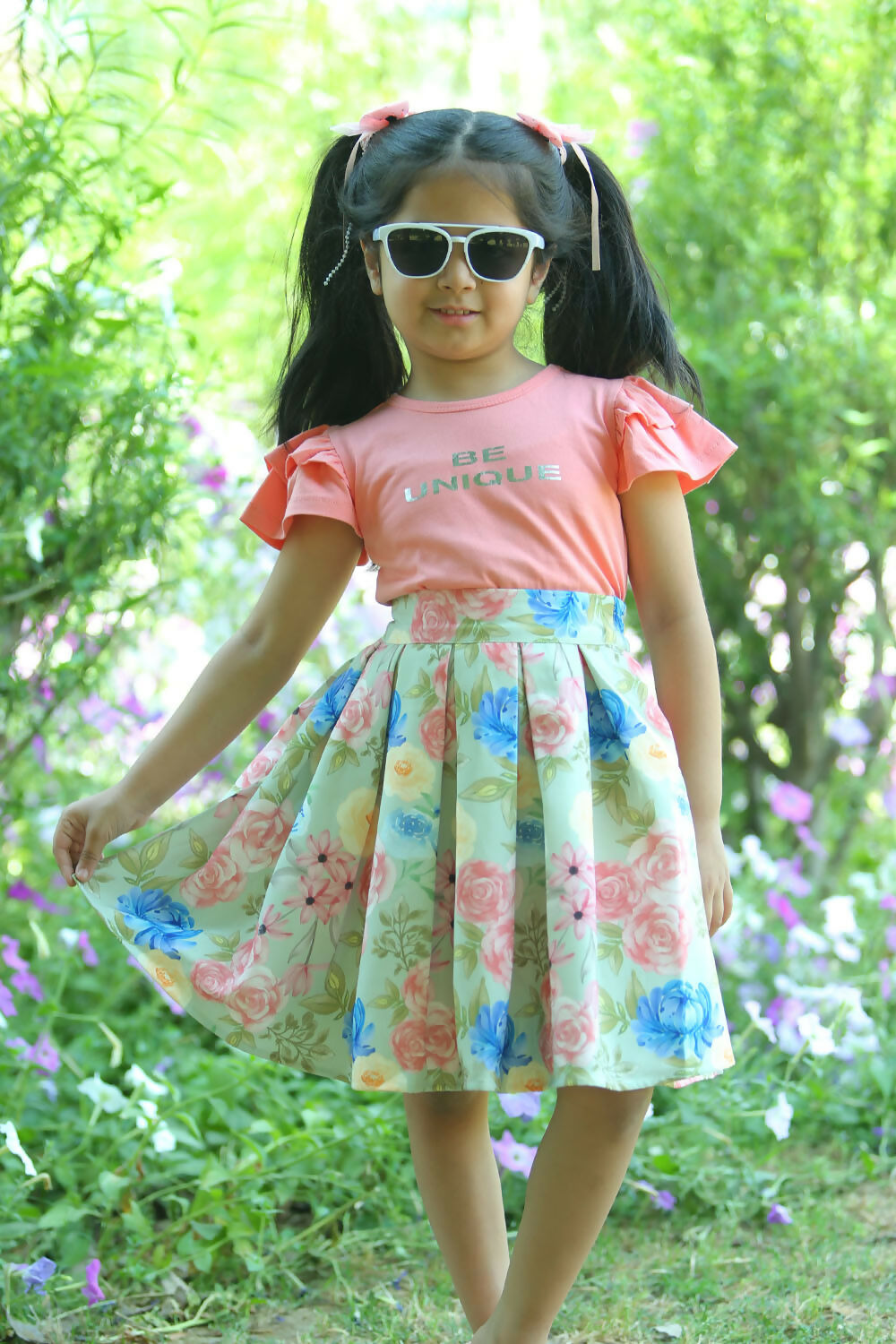Girls Pink Printed Tee & Flared Skirt Set - Cotton Co-ord Outfit