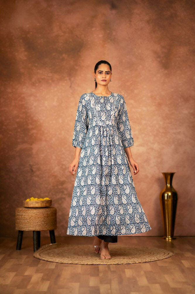 Blue floral hand block printed cotton kurta pant set in a soft, breathable fabric.
