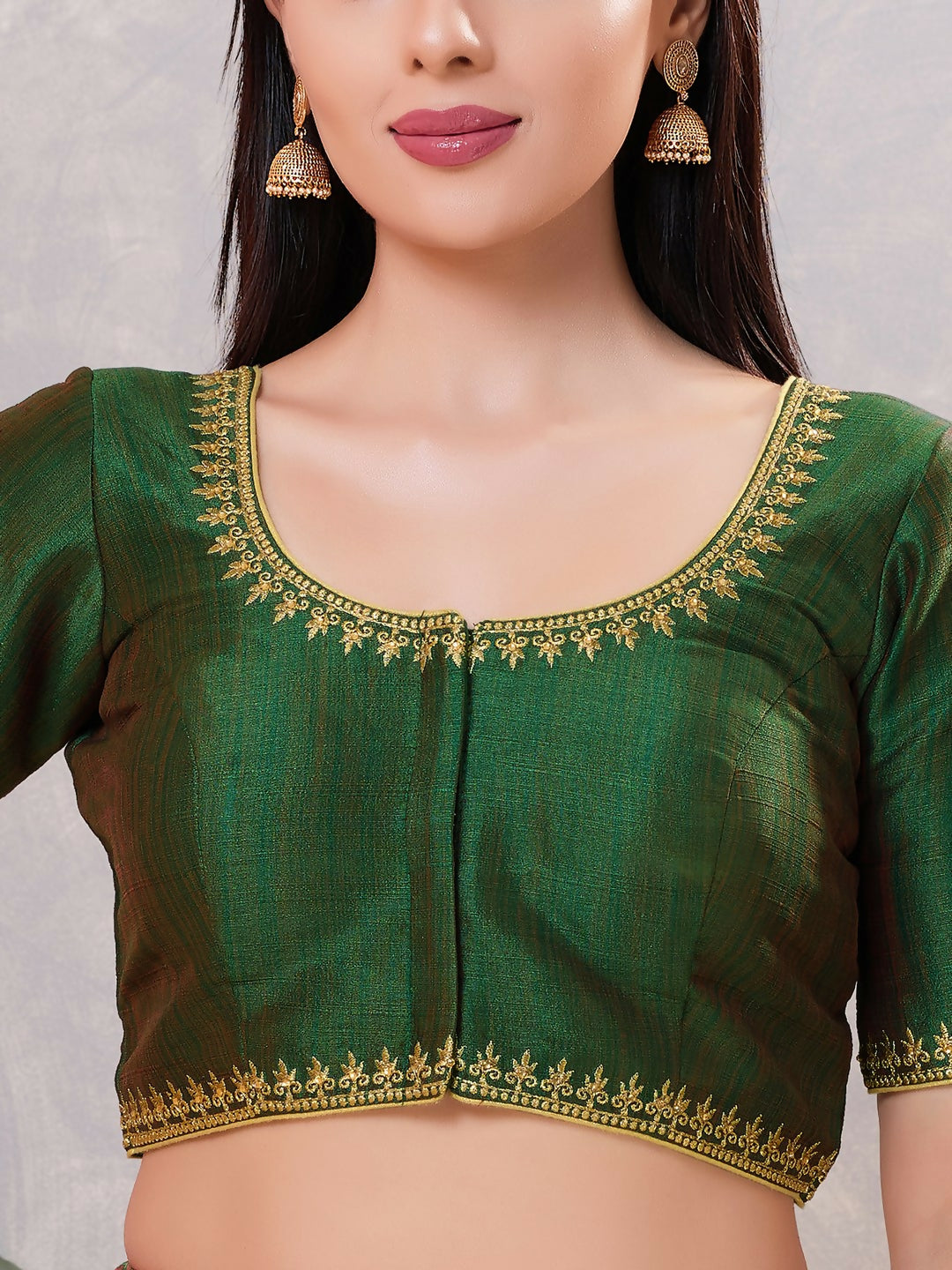 Embroidered Bottle-Green Silk Stitched Blouse