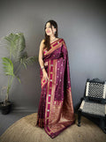 Maroon Banarasi Soft Silk saree with elegant traditional woven work.
