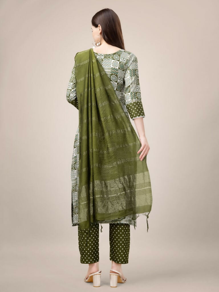 Jyoti Fashion Women's Mehendi Rayon Print with Embroidery & Fancy Lace Work Kurta with Trouser & Dupatta