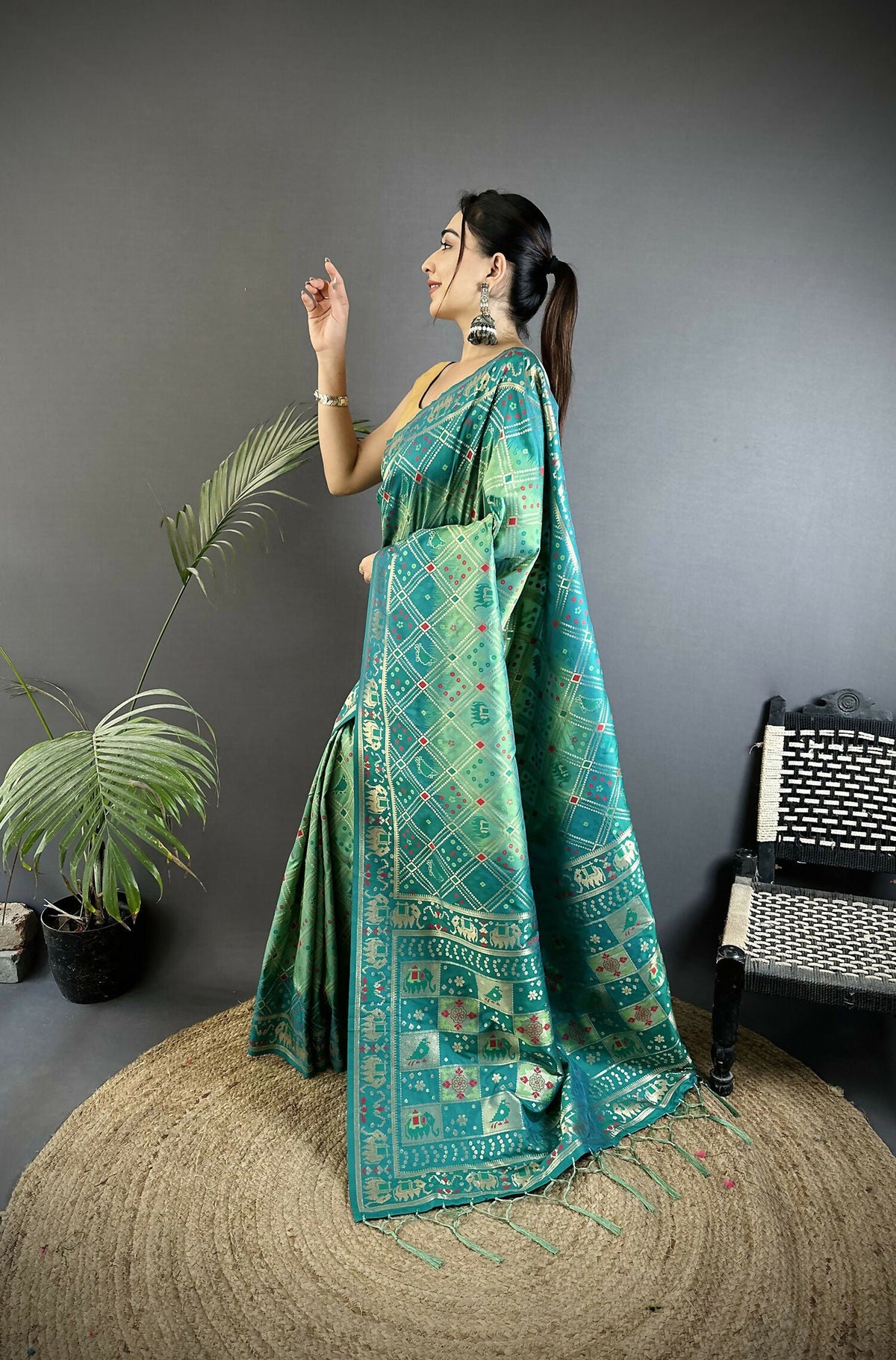 Turquoise Geometric Pattern Soft Silk Patola Saree with Blouse