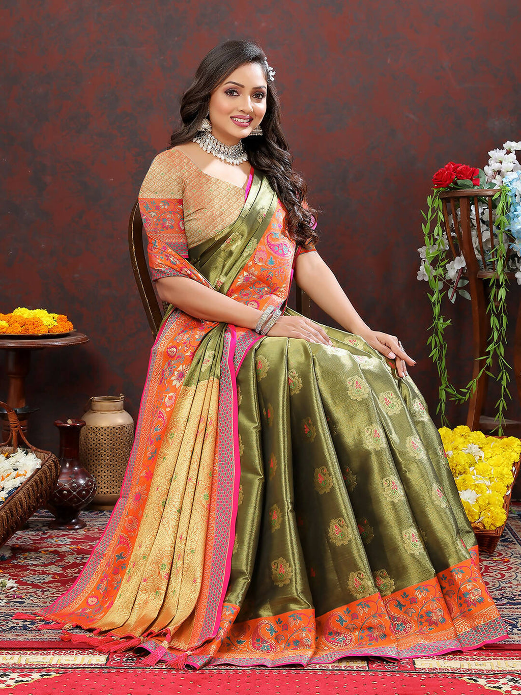 Mehndi Kanjivaram Silk Saree with Zari Weaving Design