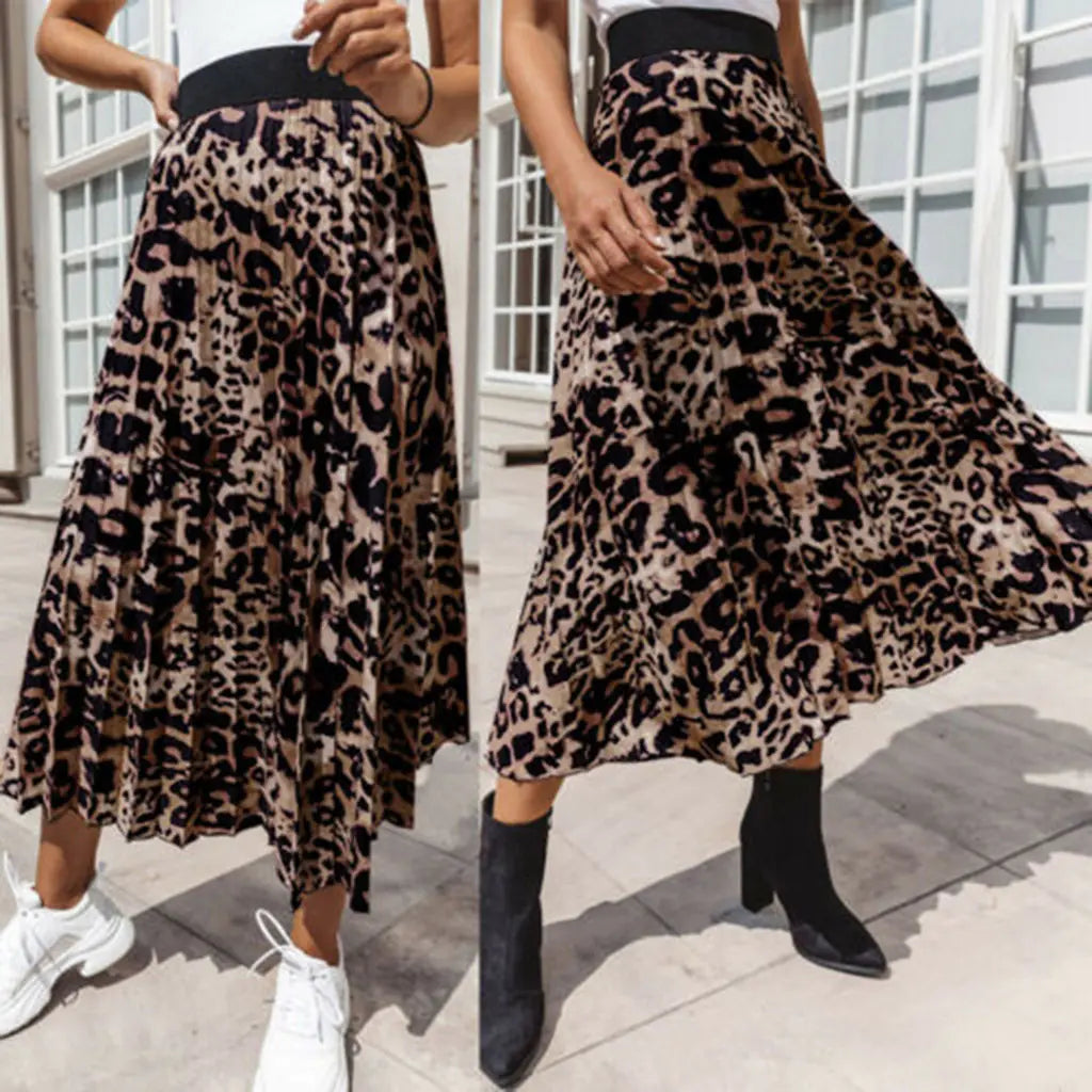 Women's Leopard Print Pleated A-Line Midi Skirt - Image 2