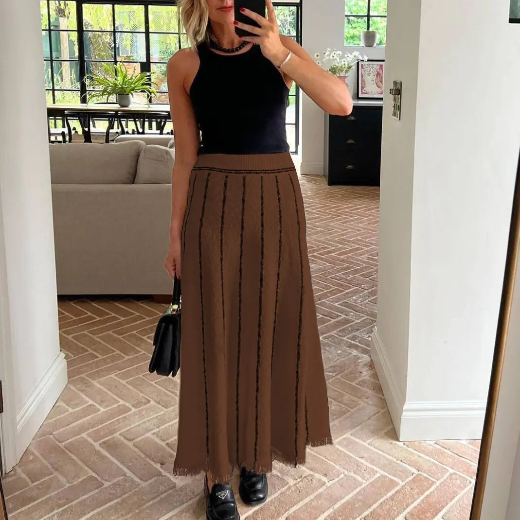 Women's Striped Knit Maxi Skirt with Fringed Hem Details - Image 17