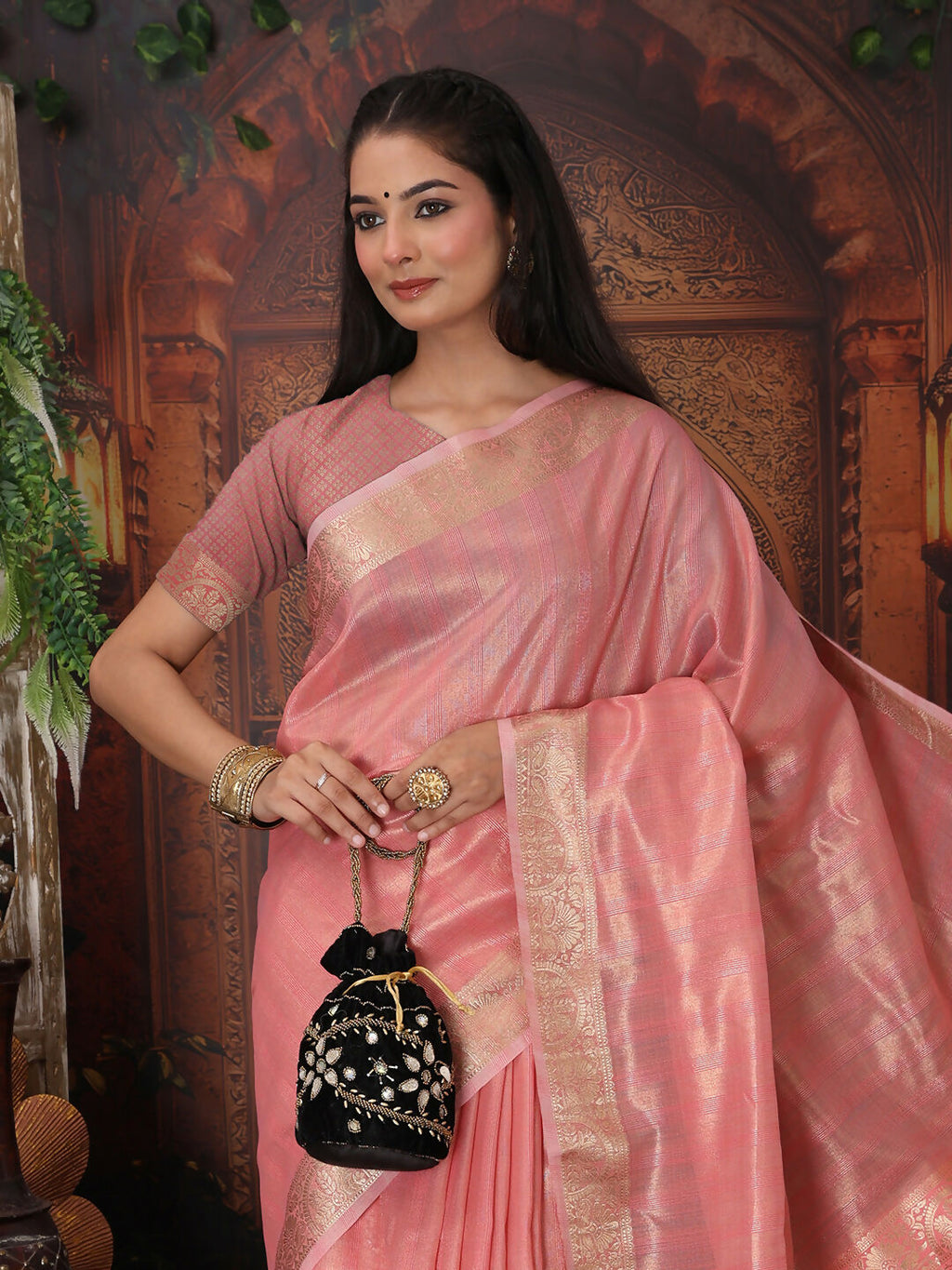Pink Organza Saree with Matching Blouse Piece